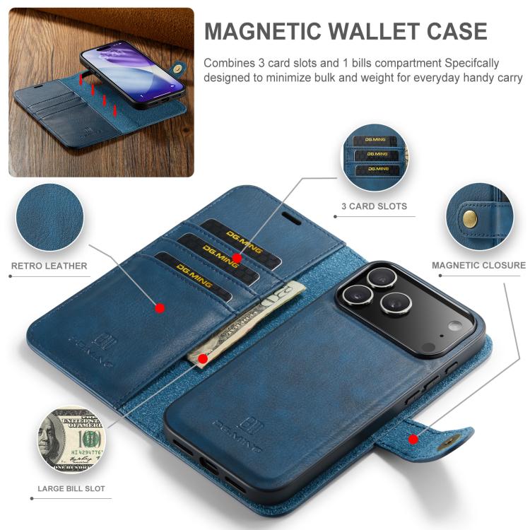 For iPhone 17 Pro DG.MING Crazy Horse Texture Detachable Magnetic Leather Phone Case(Blue) - iPhone 17 Pro Cases by DG.MING | Online Shopping UK | buy2fix
