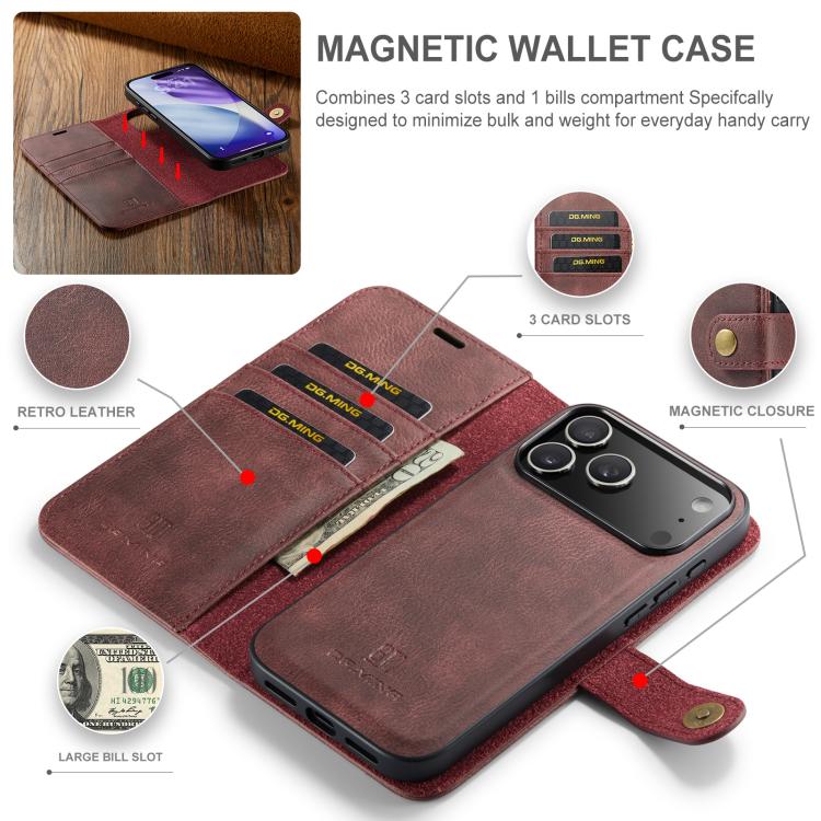 For iPhone 17 Pro Max DG.MING Crazy Horse Texture Detachable Magnetic Leather Phone Case(Red) - iPhone 17 Pro Max Cases by DG.MING | Online Shopping UK | buy2fix