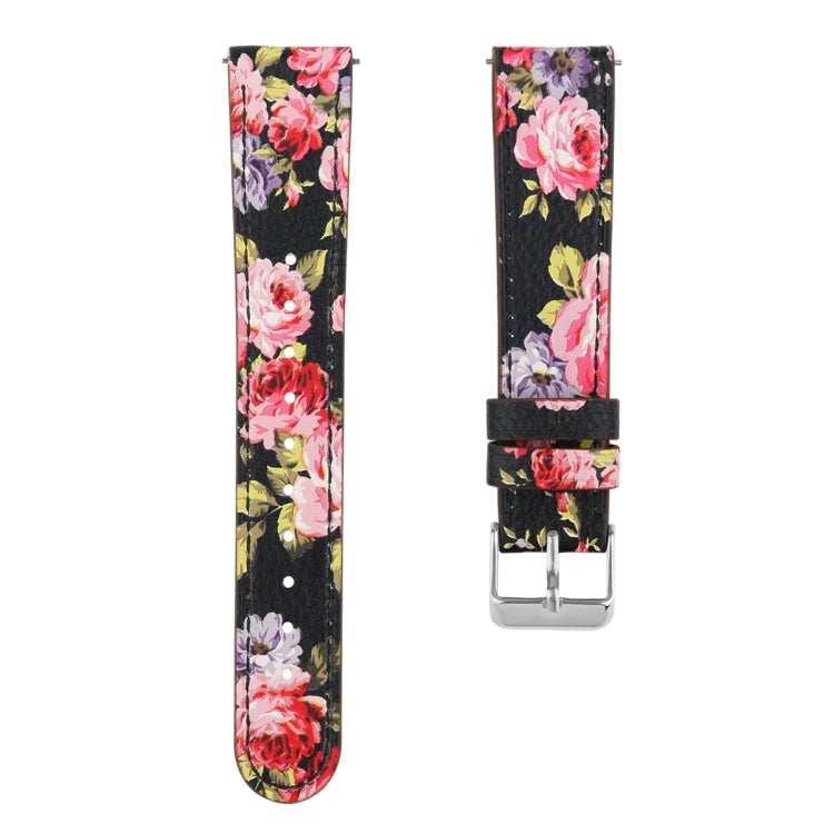 For Fitbit Versa 2 / Fitbit Versa / Fitbit Versa Lite Leather Watch Band with Round Tail Buckle(Black Skin Pink Flower) - Watch Bands by buy2fix | Online Shopping UK | buy2fix