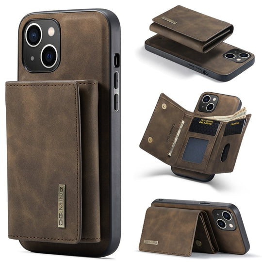 For iPhone 15 Plus DG.MING M1 Series 3-Fold Multi Card Wallet Leather Phone Case(Coffee)