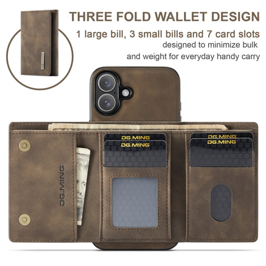 For iPhone 16 DG.MING M1 Series 3-Fold Multi Card Wallet Leather Phone Case(Coffee) by DG.MING