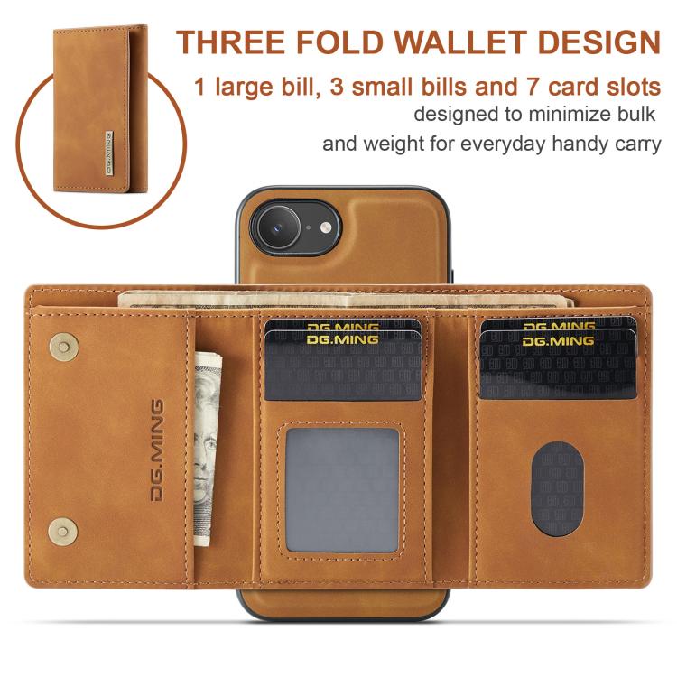 For iPhone 16e DG.MING M1 Series 3-Fold Multi Card Wallet Leather Phone Case(Brown) - iPhone 16e Cases by DG.MING | Online Shopping UK | buy2fix