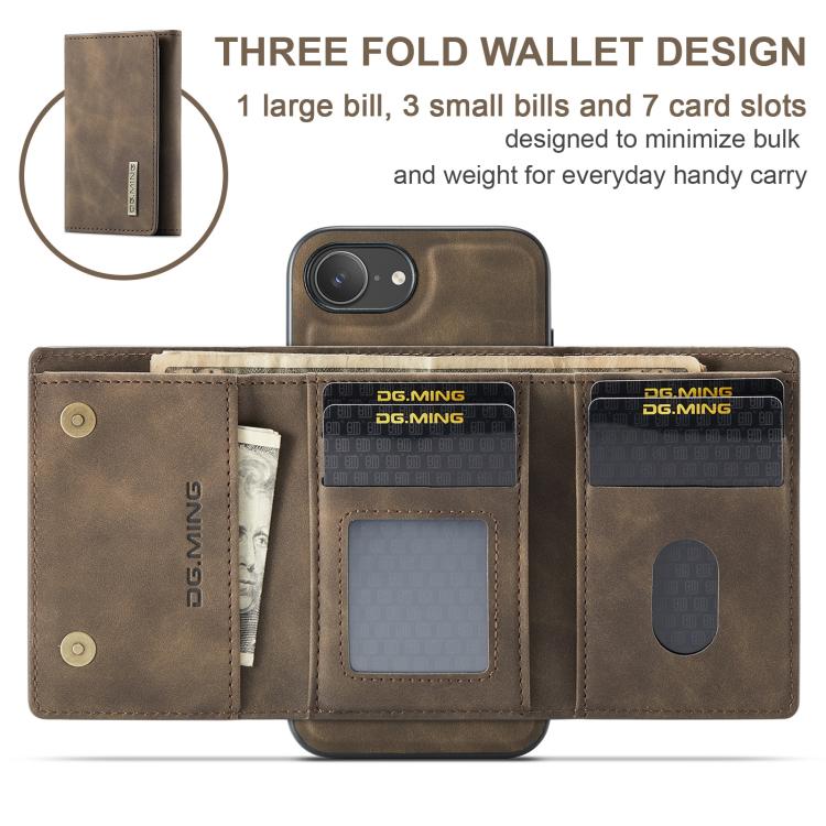 For iPhone 16e DG.MING M1 Series 3-Fold Multi Card Wallet Leather Phone Case(Coffee) - iPhone 16e Cases by DG.MING | Online Shopping UK | buy2fix