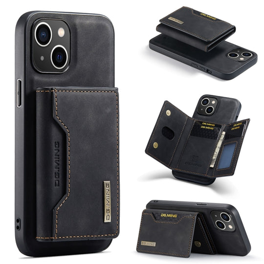 For iPhone 15 DG.MING M2 Series 3-Fold Card Bag Wallet Leather Phone Case(Black)