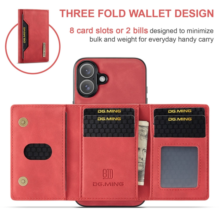 For iPhone 16 DG.MING M2 Series 3-Fold Card Bag Wallet Leather Phone Case(Red) - iPhone 16 Cases by DG.MING | Online Shopping UK | buy2fix