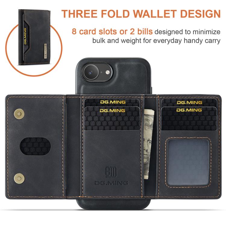For iPhone 16e DG.MING M2 Series 3-Fold Card Bag Wallet Leather Phone Case(Black) - iPhone 16e Cases by DG.MING | Online Shopping UK | buy2fix
