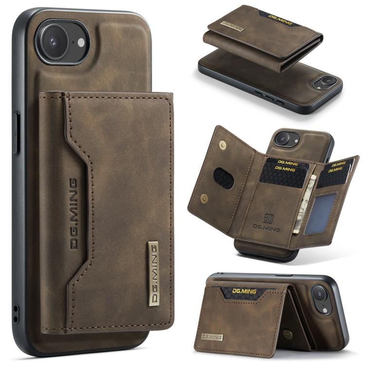 For iPhone 16e DG.MING M2 Series 3-Fold Card Bag Wallet Leather Phone Case(Coffee) - iPhone 16e Cases by DG.MING | Online Shopping UK | buy2fix