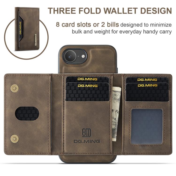 For iPhone 16e DG.MING M2 Series 3-Fold Card Bag Wallet Leather Phone Case(Coffee) - iPhone 16e Cases by DG.MING | Online Shopping UK | buy2fix