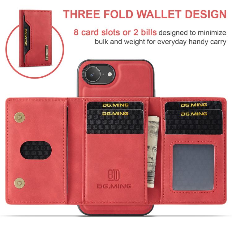 For iPhone 16e DG.MING M2 Series 3-Fold Card Bag Wallet Leather Phone Case(Red) - iPhone 16e Cases by DG.MING | Online Shopping UK | buy2fix