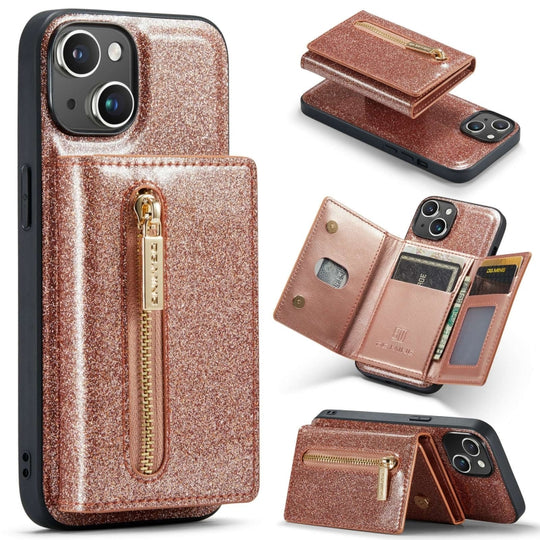 For iPhone 15 Plus DG.MING M3 Series Glitter Powder Card Bag Leather Phone Case(Rose Gold)