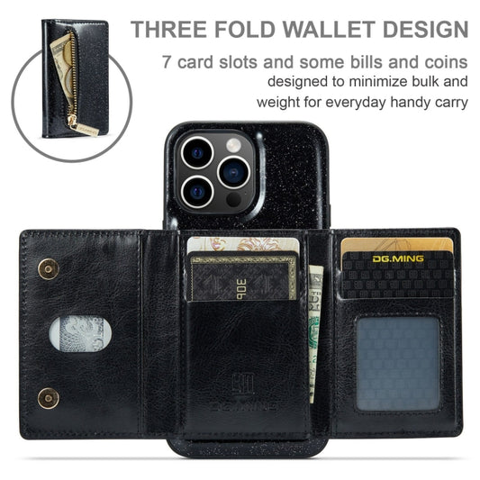 For iPhone 15 Pro DG.MING M3 Series Glitter Powder Card Bag Leather Phone Case(Black) by DG.MING