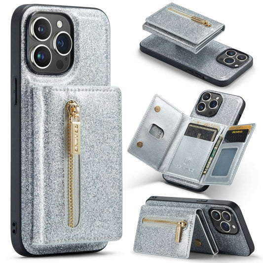 For iPhone 15 Pro DG.MING M3 Series Glitter Powder Card Bag Leather Phone Case(Silver) - iPhone 15 Pro Cases by DG.MING | Online Shopping UK | buy2fix