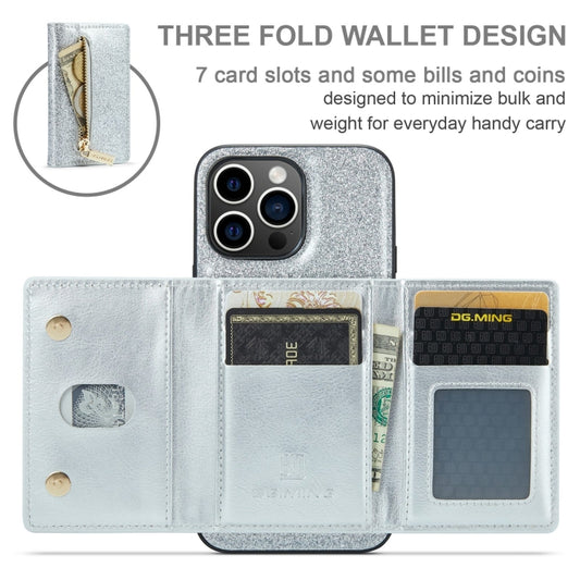 For iPhone 15 Pro Max DG.MING M3 Series Glitter Powder Card Bag Leather Phone Case(Silver) by DG.MING
