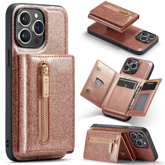 For iPhone 15 Pro Max DG.MING M3 Series Glitter Powder Card Bag Leather Phone Case(Rose Gold)