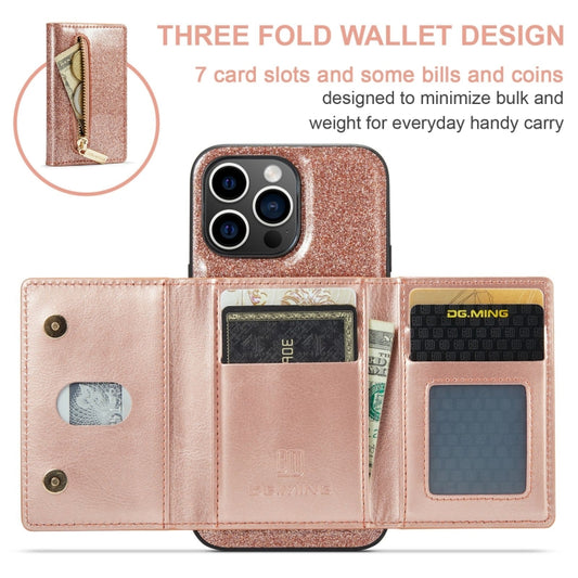 For iPhone 15 Pro Max DG.MING M3 Series Glitter Powder Card Bag Leather Phone Case(Rose Gold) by DG.MING