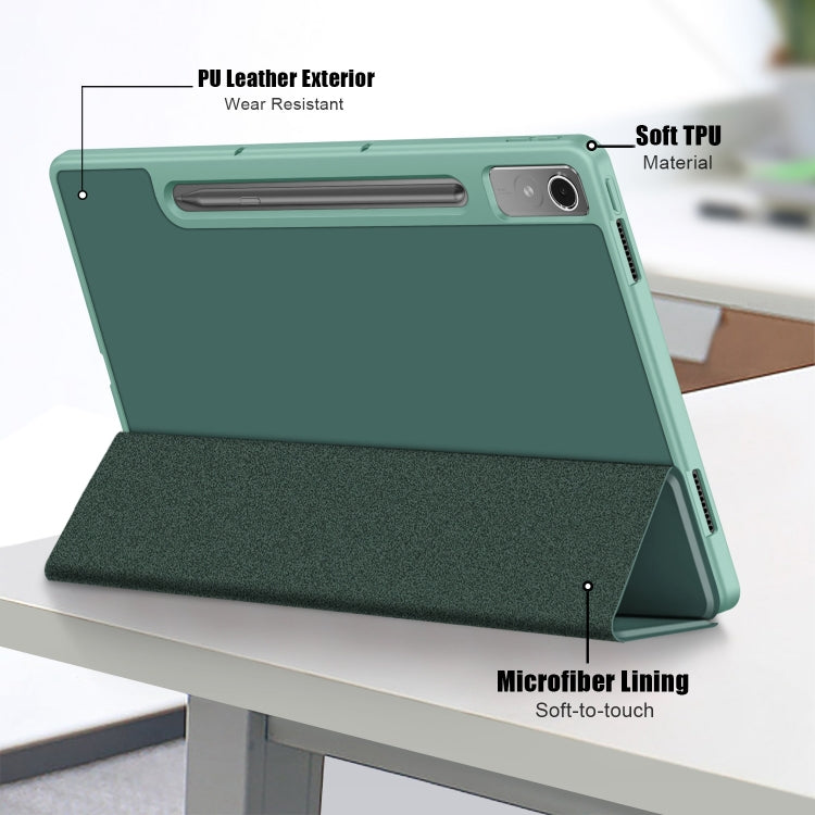 For Lenovo Tab P12 12.7 /P12 Pro 2nd Gen 3-folding TPU Smart Leather Tablet Case(Deep Green) - Lenovo by buy2fix | Online Shopping UK | buy2fix