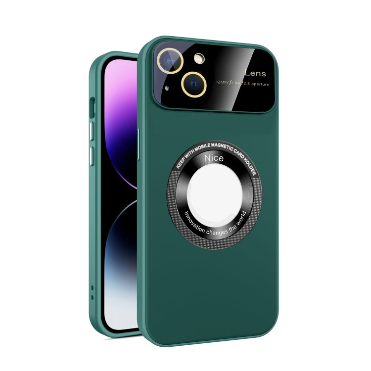 For iPhone 14 Plus Large Glass Window Magnetic Magsafe Phone Case with Lens Film(Green) - iPhone 14 Plus Cases by buy2fix | Online Shopping UK | buy2fix