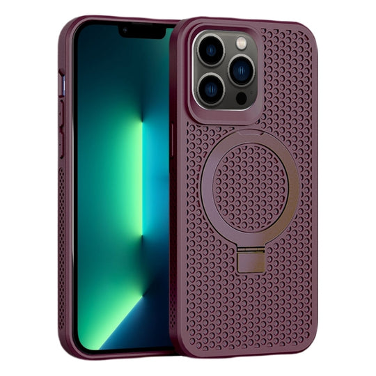 For iPhone 13 Pro Max Skin Feel PC+TPU Cooling Magnetic Magsafe Phone Case with Stand(Wine Red)
