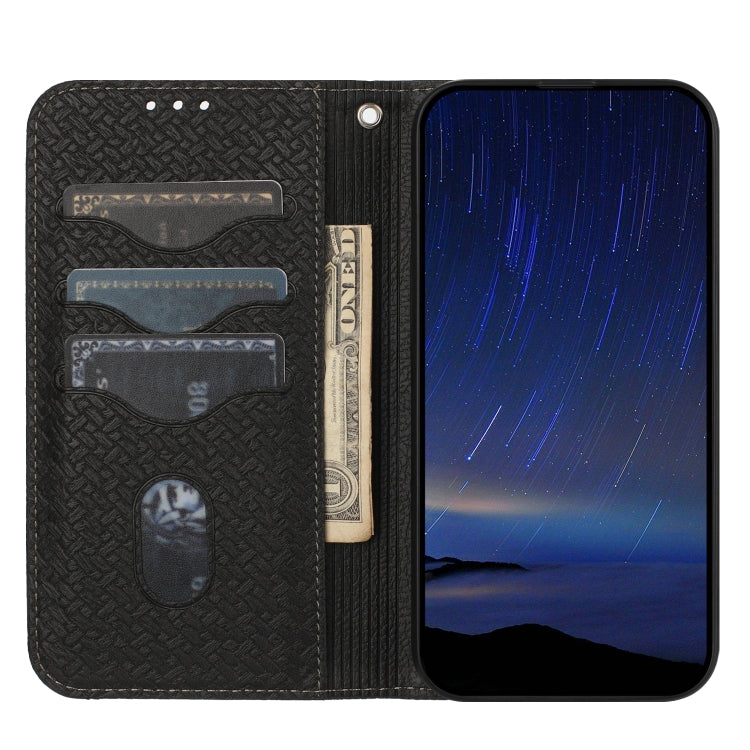 For iPhone 16e Woven Texture Stitching Magnetic Leather Phone Case(Black) by buy2fix