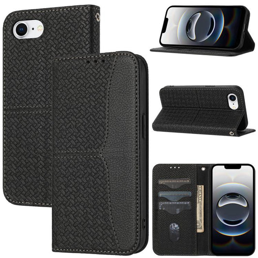 For iPhone 16e Woven Texture Stitching Magnetic Leather Phone Case(Black) by buy2fix