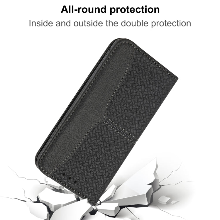 For iPhone 16e Woven Texture Stitching Magnetic Leather Phone Case(Black) by buy2fix