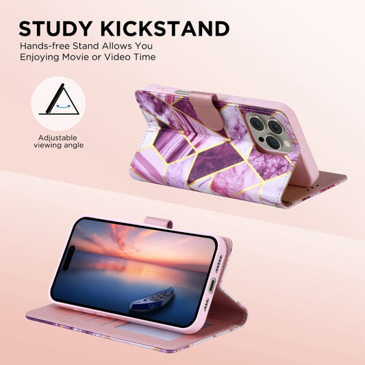 For iPhone 16 Marble Bronzing Stitching Leather Phone Case(Purple) by buy2fix