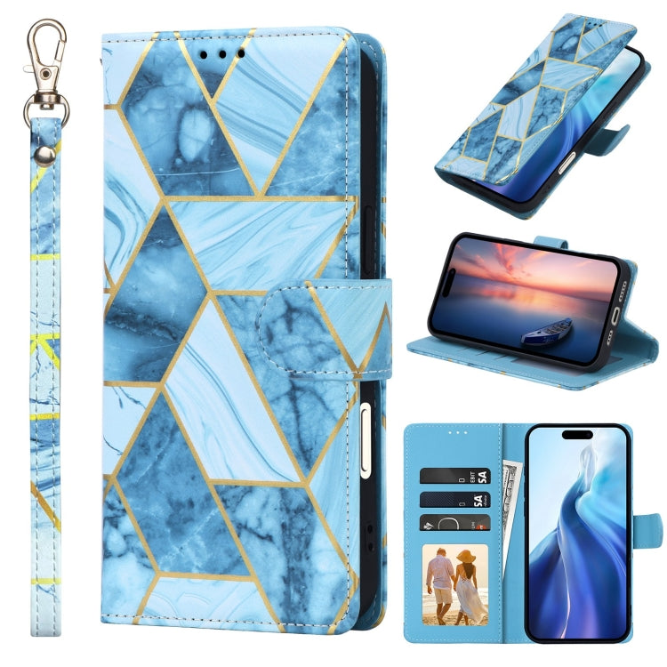 For iPhone 16 Plus Marble Bronzing Stitching Leather Phone Case(Blue) by buy2fix