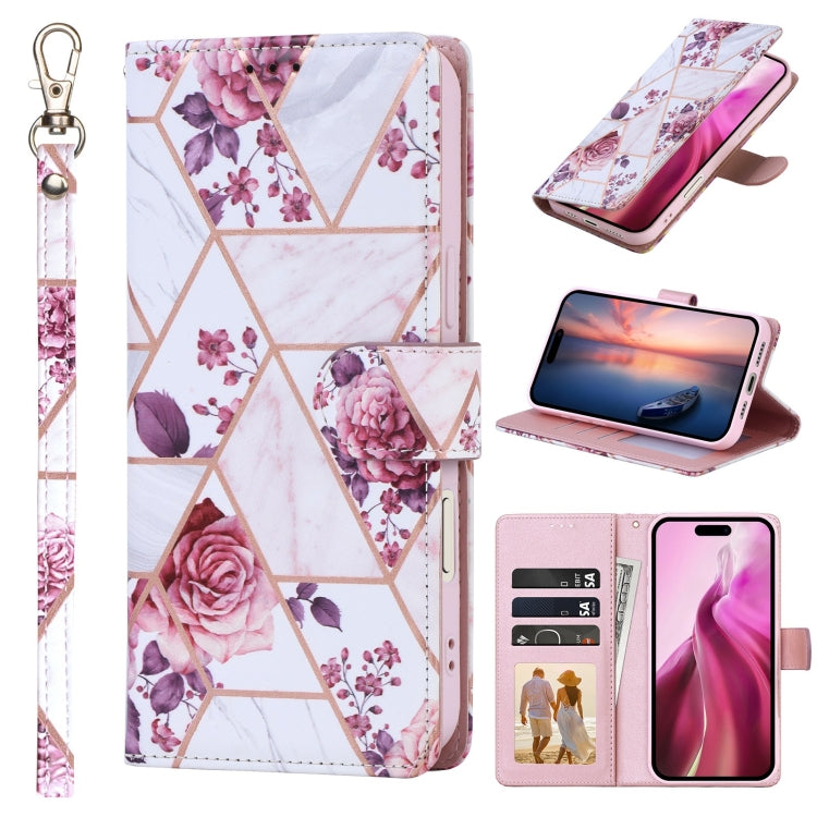 For iPhone 16 Plus Marble Bronzing Stitching Leather Phone Case(Rose Gold) by buy2fix