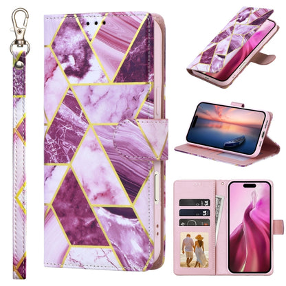 For iPhone 16 Plus Marble Bronzing Stitching Leather Phone Case(Purple) by buy2fix