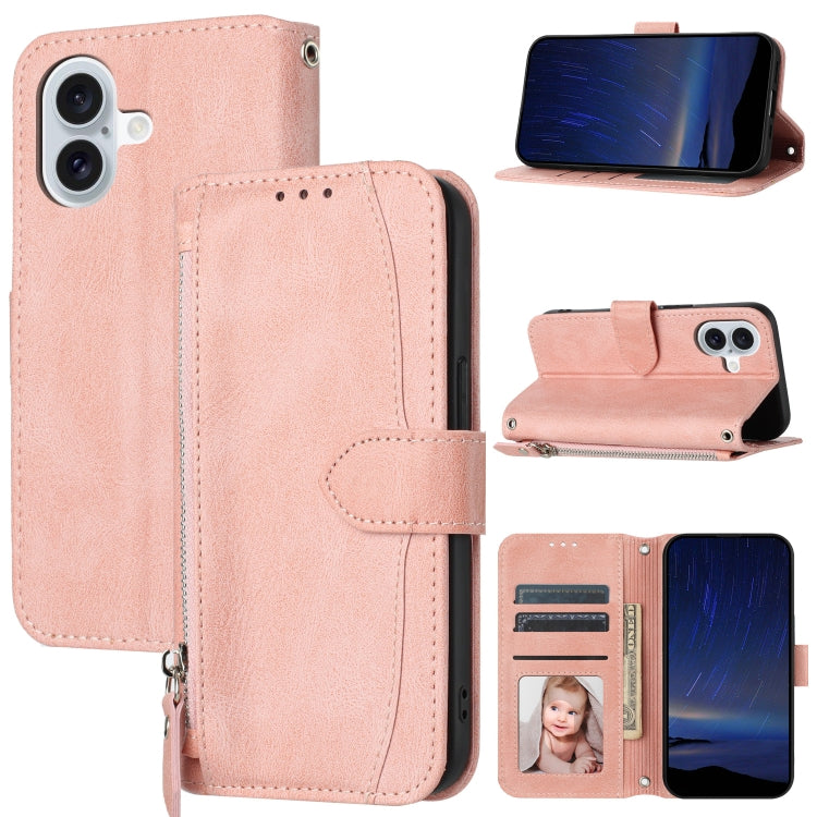 For iPhone 16 Oil Skin Zipper Wallet Leather Phone Case(Pink) by buy2fix