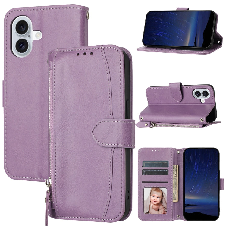 For iPhone 16 Oil Skin Zipper Wallet Leather Phone Case(Purple) by buy2fix