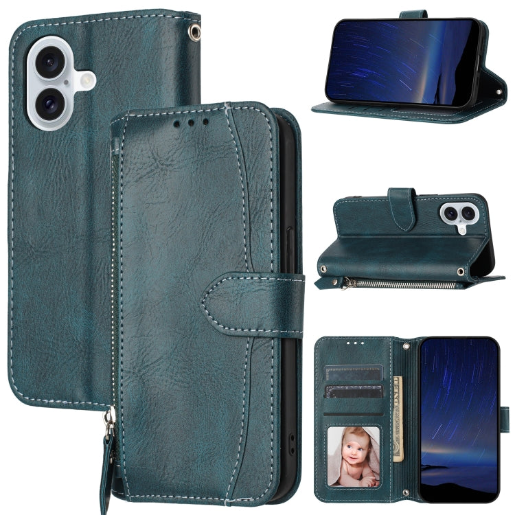 For iPhone 16 Oil Skin Zipper Wallet Leather Phone Case(Blue) by buy2fix