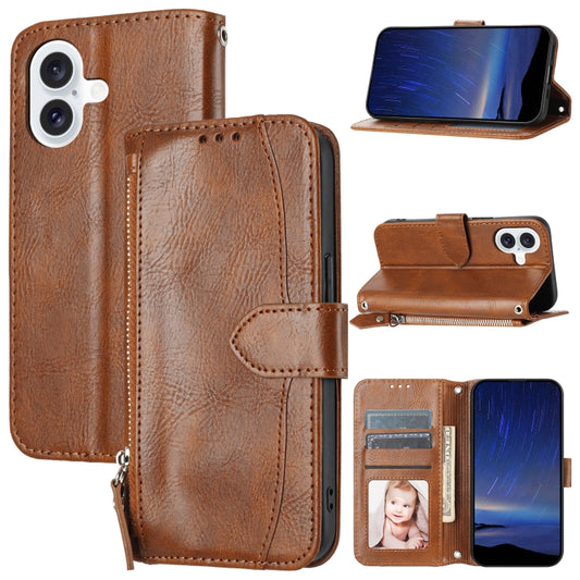 For iPhone 16 Oil Skin Zipper Wallet Leather Phone Case(Brown) by buy2fix