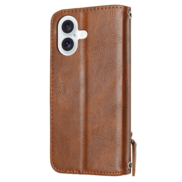 For iPhone 16 Oil Skin Zipper Wallet Leather Phone Case(Brown) by buy2fix