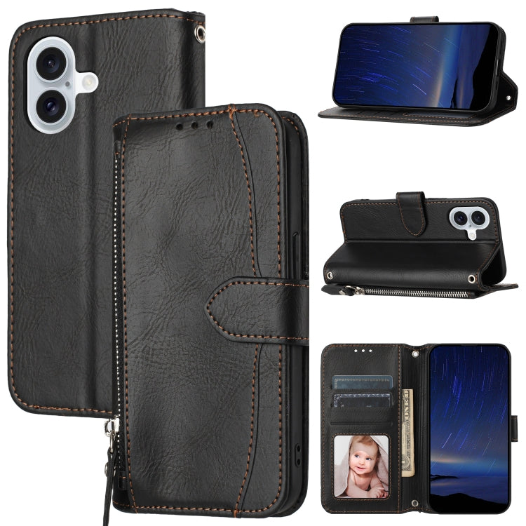 For iPhone 16 Oil Skin Zipper Wallet Leather Phone Case(Black) by buy2fix