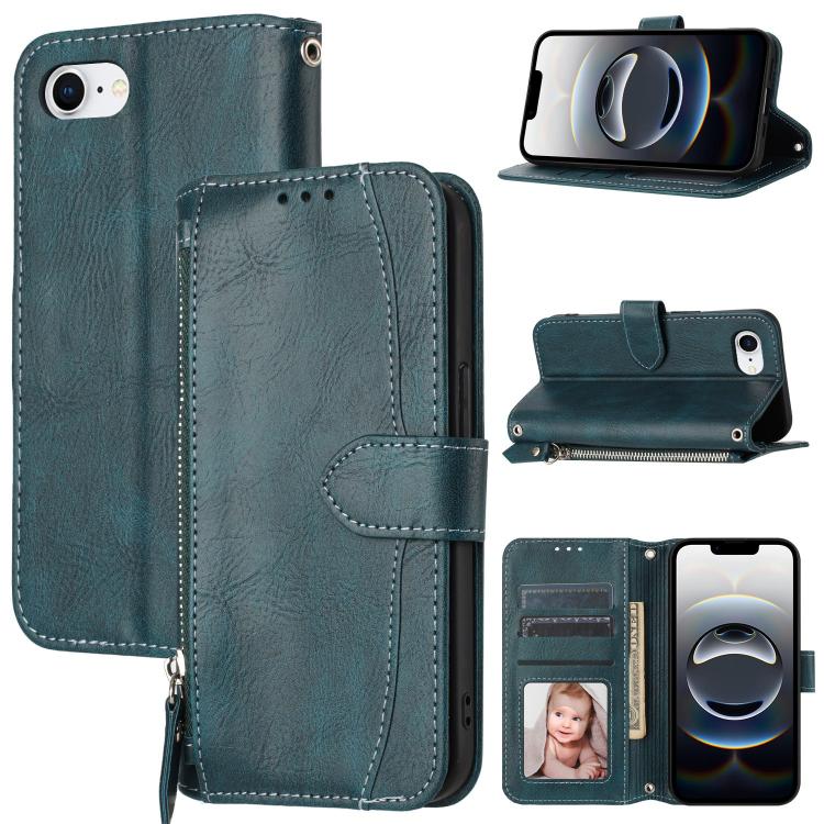 For iPhone 16e Oil Skin Zipper Wallet Leather Phone Case(Blue) by buy2fix