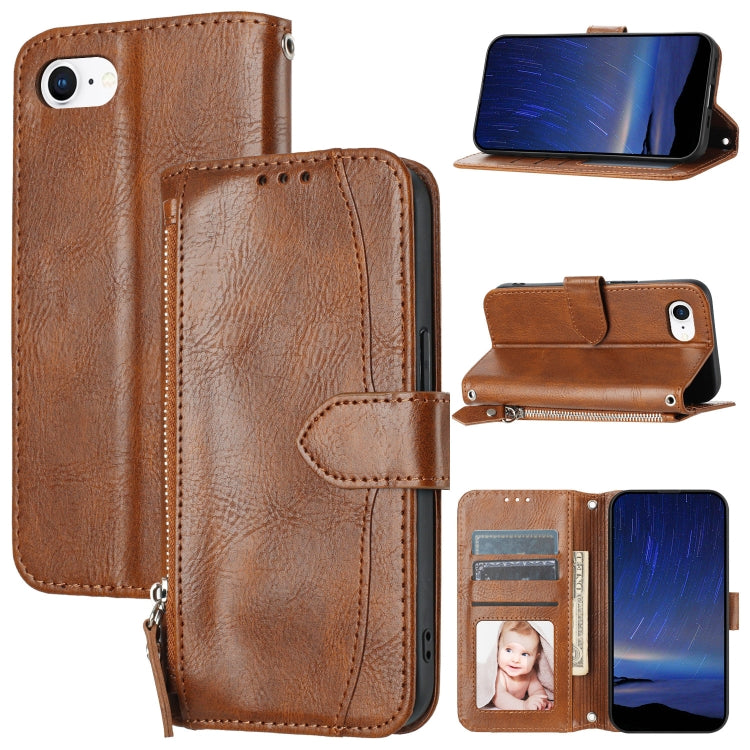 For iPhone SE 2024 Oil Skin Zipper Wallet Leather Phone Case(Brown) - More iPhone Cases by buy2fix | Online Shopping UK | buy2fix