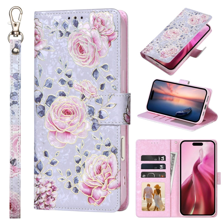 For iPhone 16 Bronzing Painting RFID Leather Case(Pastoral Rose) - iPhone 16 Cases by buy2fix | Online Shopping UK | buy2fix