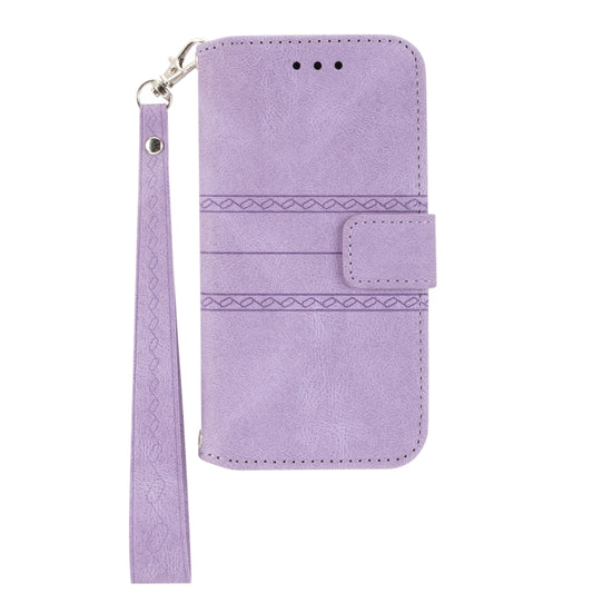For iPhone 16 Pro Embossed Stripes Skin Feel Leather Phone Case(Light Purple) by buy2fix