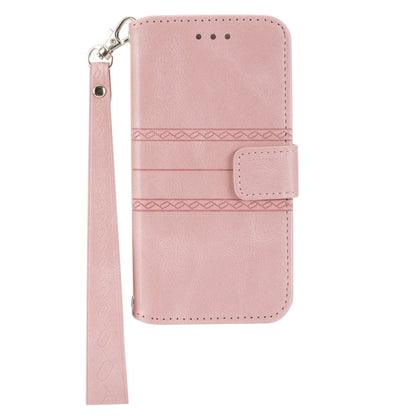 For iPhone 16e Embossed Stripes Skin Feel Leather Phone Case(Pink) by buy2fix