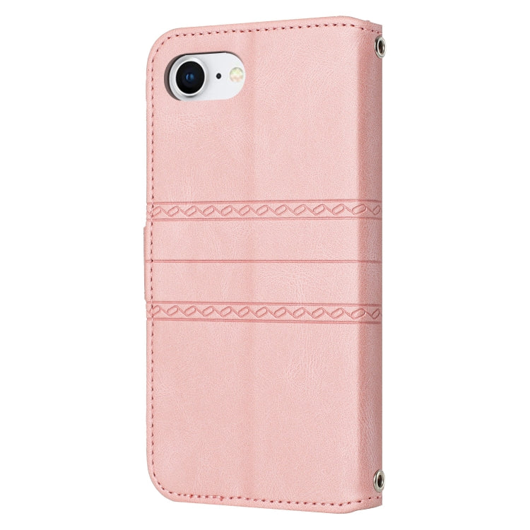 For iPhone 16e Embossed Stripes Skin Feel Leather Phone Case(Pink) by buy2fix