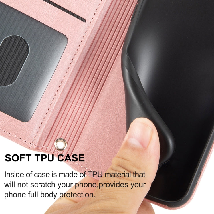 For iPhone 16e Embossed Stripes Skin Feel Leather Phone Case(Pink) by buy2fix