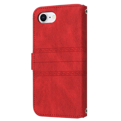 For iPhone 16e Embossed Stripes Skin Feel Leather Phone Case(Red) by buy2fix