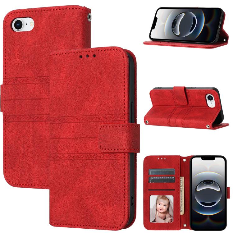 For iPhone 16e Embossed Stripes Skin Feel Leather Phone Case(Red) by buy2fix