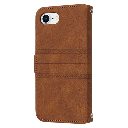 For iPhone 16e Embossed Stripes Skin Feel Leather Phone Case(Brown) by buy2fix