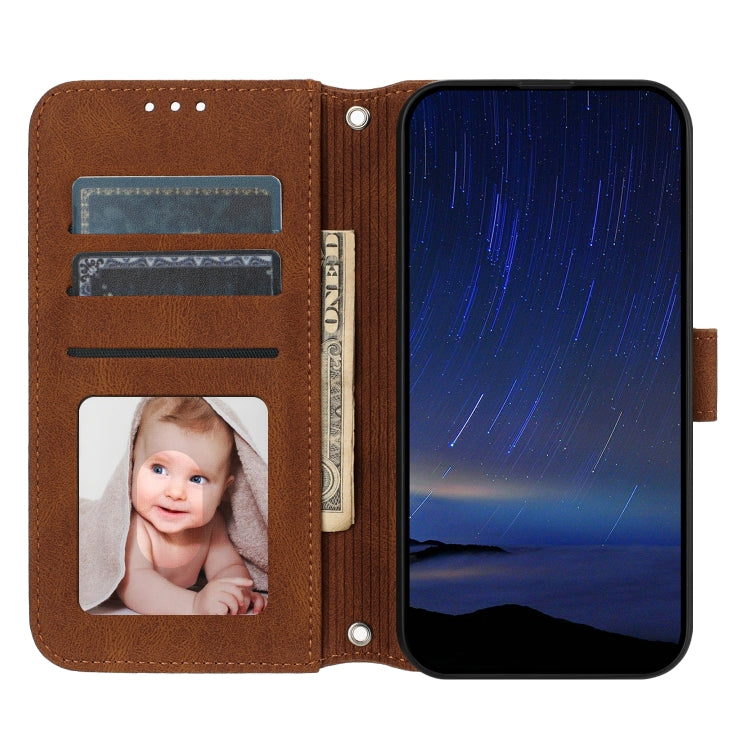 For iPhone 16e Embossed Stripes Skin Feel Leather Phone Case(Brown) by buy2fix