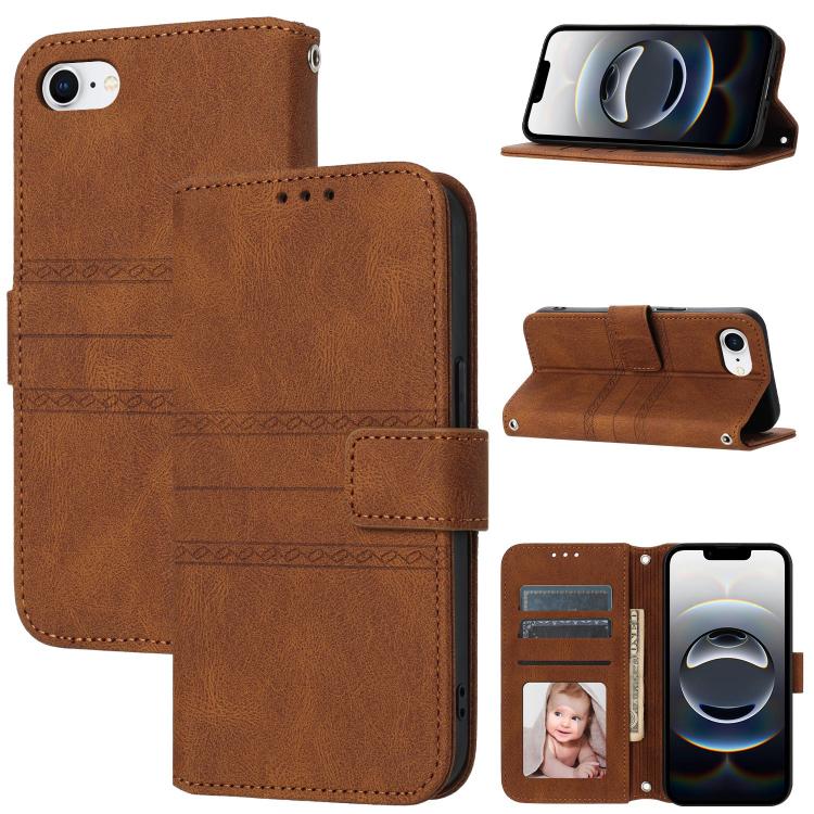 For iPhone 16e Embossed Stripes Skin Feel Leather Phone Case(Brown) by buy2fix
