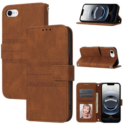For iPhone 16e Embossed Stripes Skin Feel Leather Phone Case(Brown) by buy2fix
