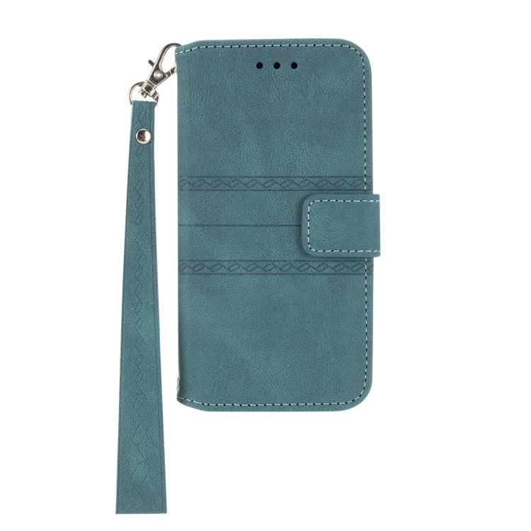 For iPhone 16e Embossed Stripes Skin Feel Leather Phone Case(Dark Green) by buy2fix