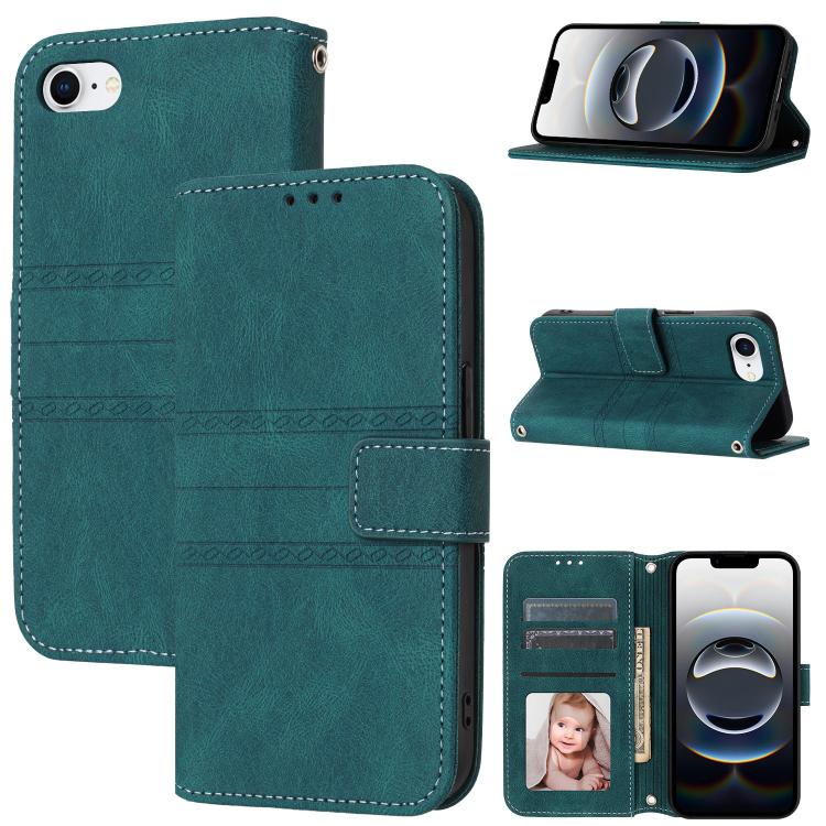 For iPhone 16e Embossed Stripes Skin Feel Leather Phone Case(Dark Green) by buy2fix